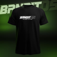Voorzijde van zwart T-shirt met wit Banditos logo en tekst ‘The Hague – EST. 2023’
