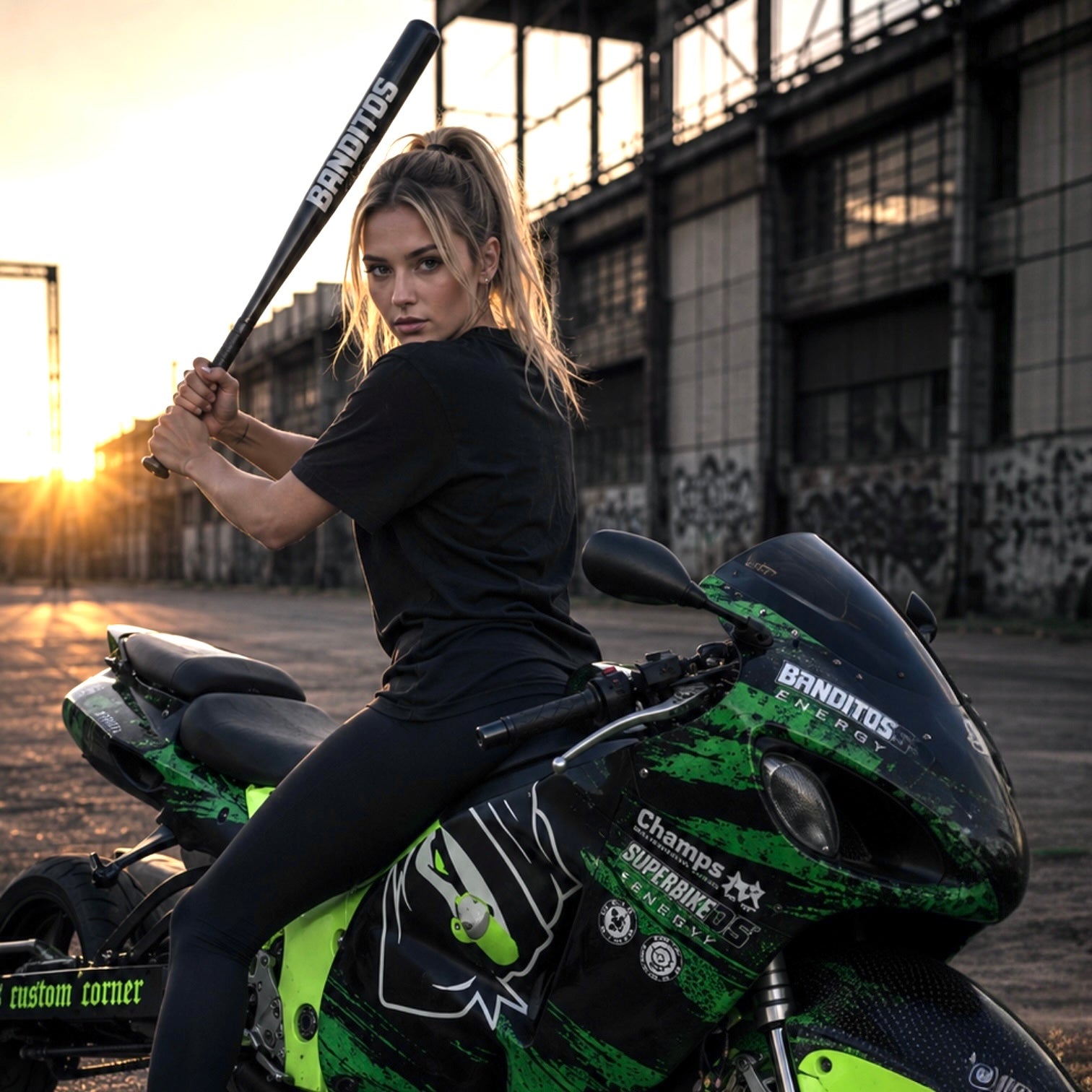 A woman in a black outfit sits on a black and neon green racing motorcycle, holding a black baseball bat. The setting is an industrial area with a warm sunset glow in the background.
