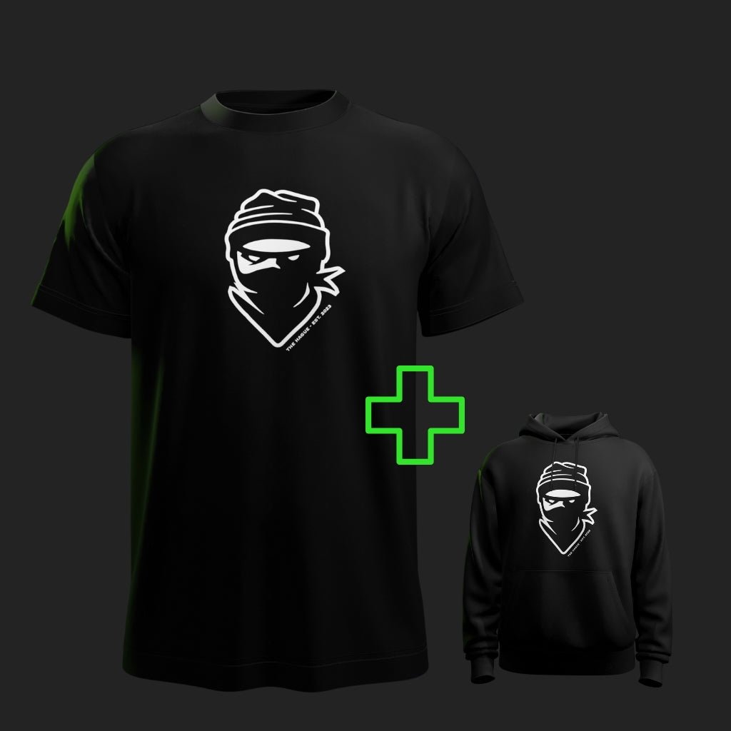 Zwart Banditos T-shirt en zwarte hoodie met wit Banditos icon-logo op de voorkant.
