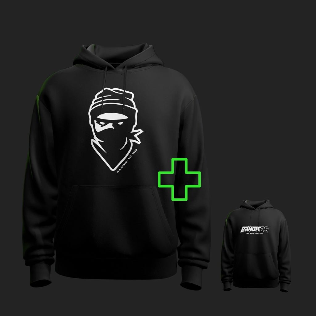 Voorzijde van zwarte hoodie met groot Banditos icon-print in wit
